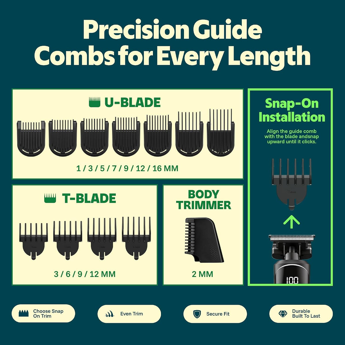 MANSPOT trimmer guide comb set with 11 length options for U-blade, T-blade and body trimming