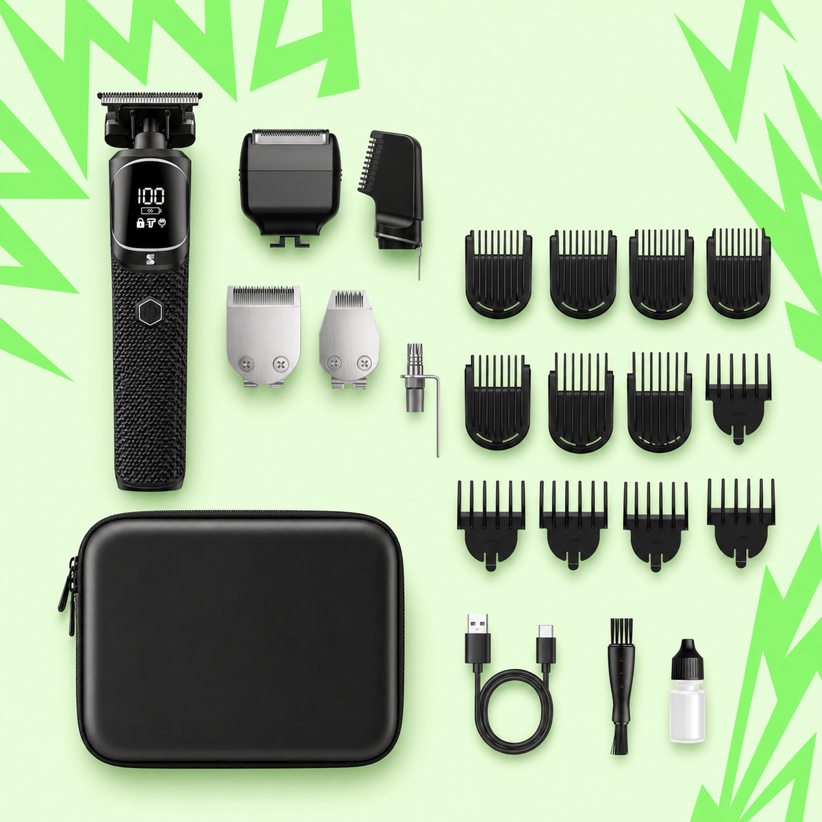 MANSPOT grooming kit with trimmer, silver T and U heads, grooming attachments, guide combs, case, cable, brush and oil