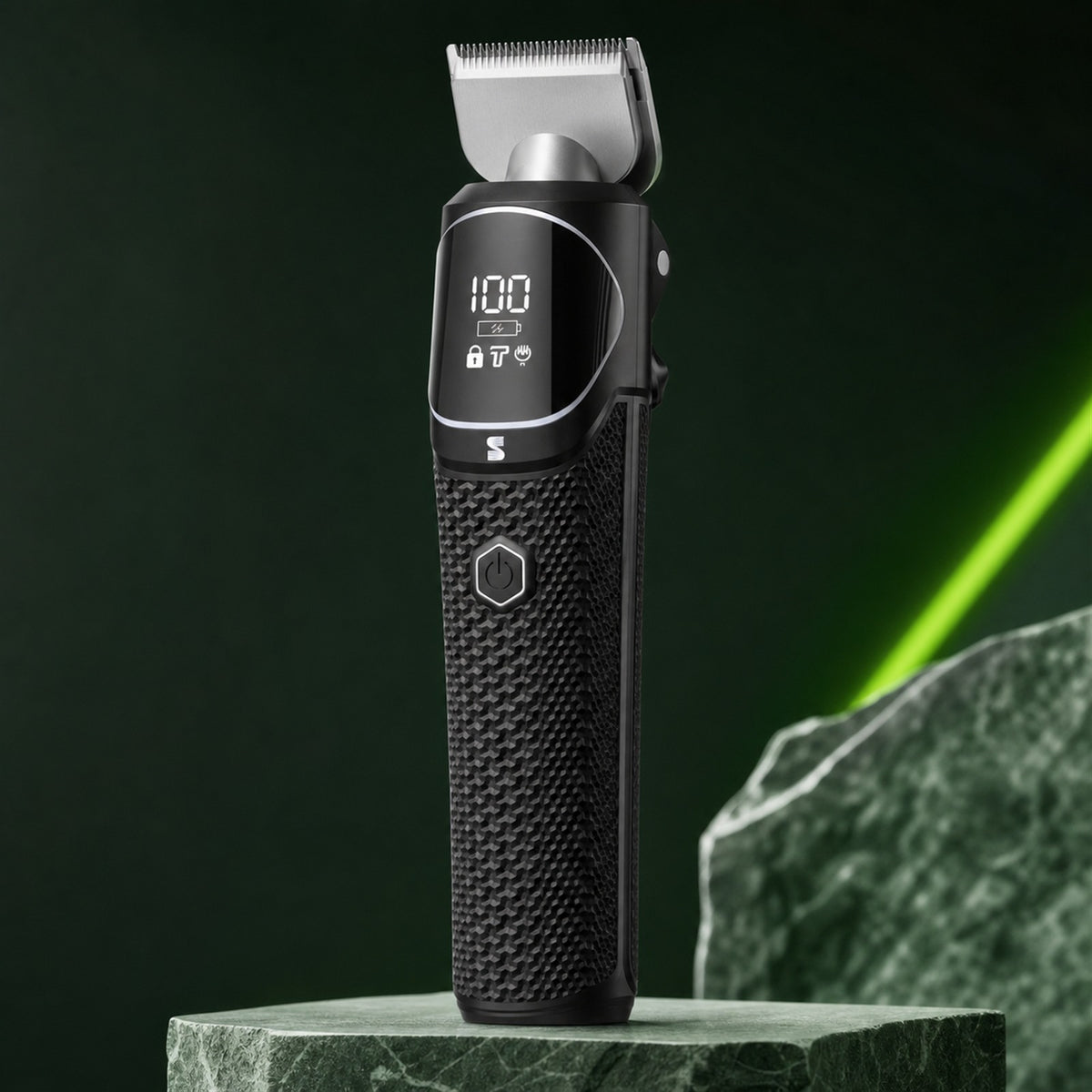 MANSPOT trimmer with silver U-blade showing textured grip, lit display and brand emblem
