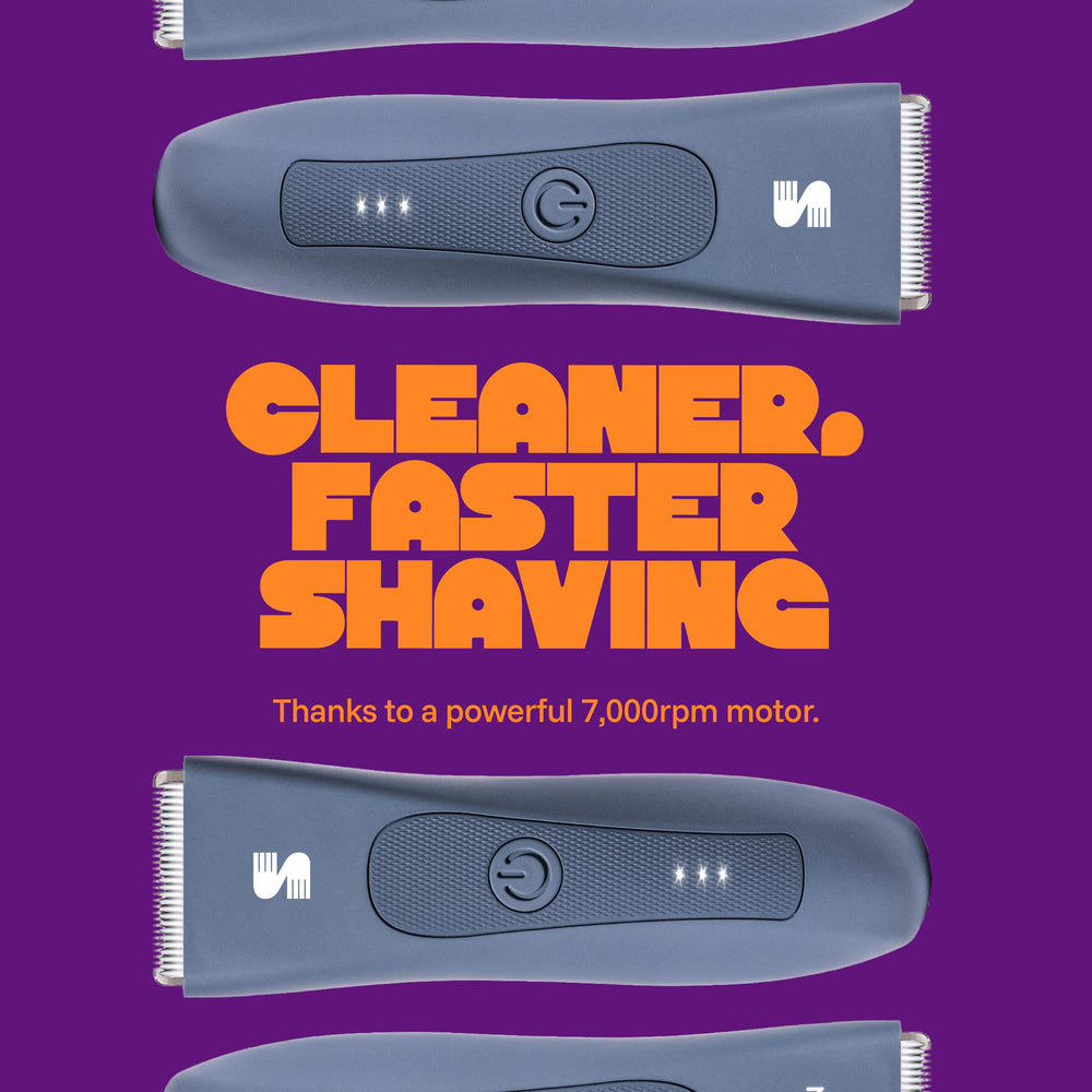 MANSPOT airy blue body and groin trimmer cleaner faster shaving motion graphic 