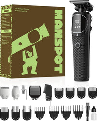MANSPOT all-in-one beard trimmer kit in black with six grooming heads and 11 guide combs