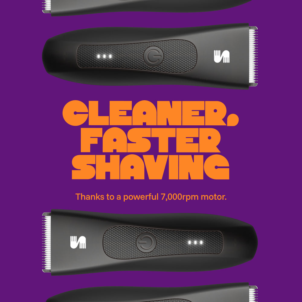 MANSPOT black body and groin trimmer cleaner faster shaving motion graphic 
