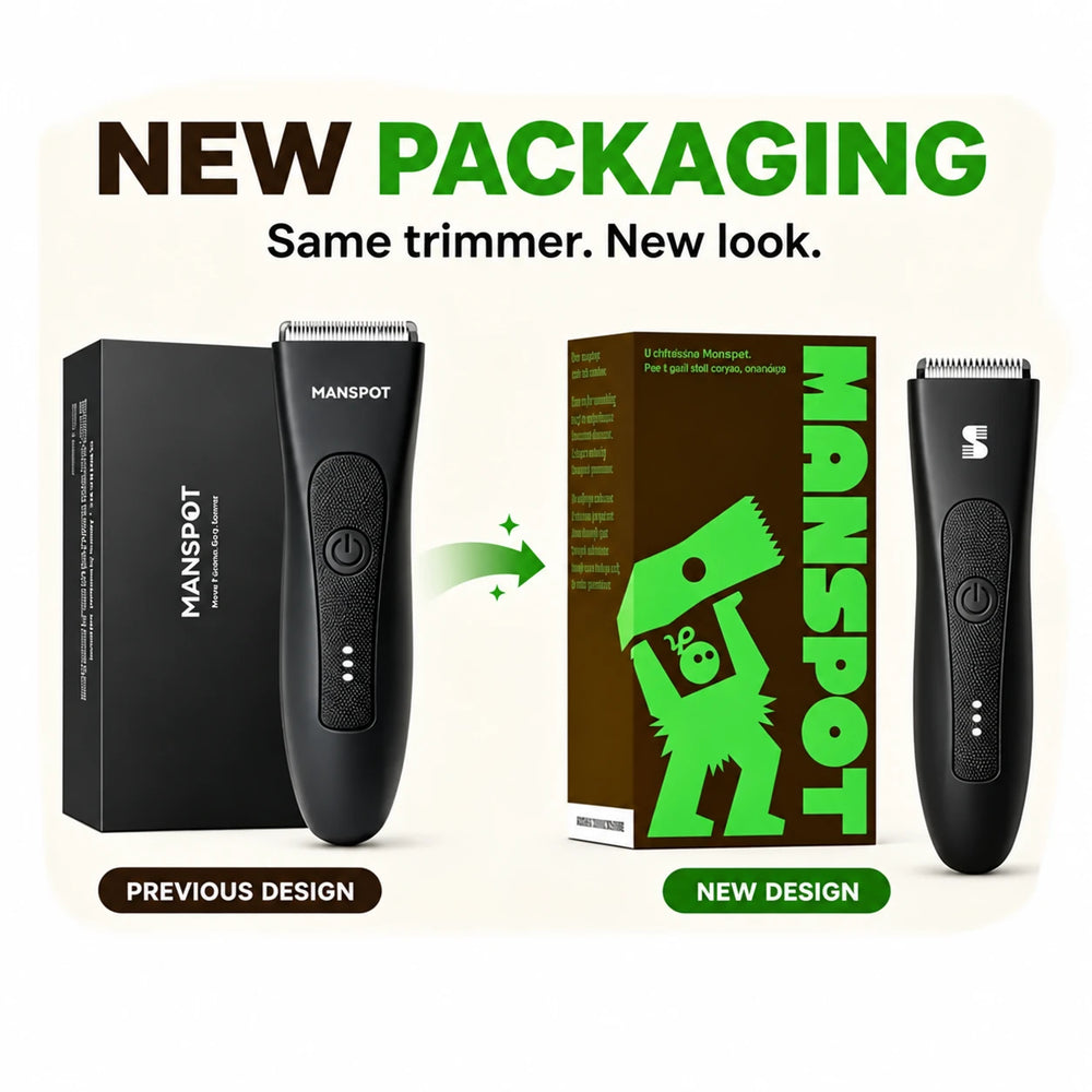 MANSPOT body and groin trimmer packaging update: previous black box and new green design, same trimmer, new look 