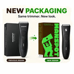 MANSPOT body and groin trimmer packaging update: previous black box and new green design, same trimmer, new look 