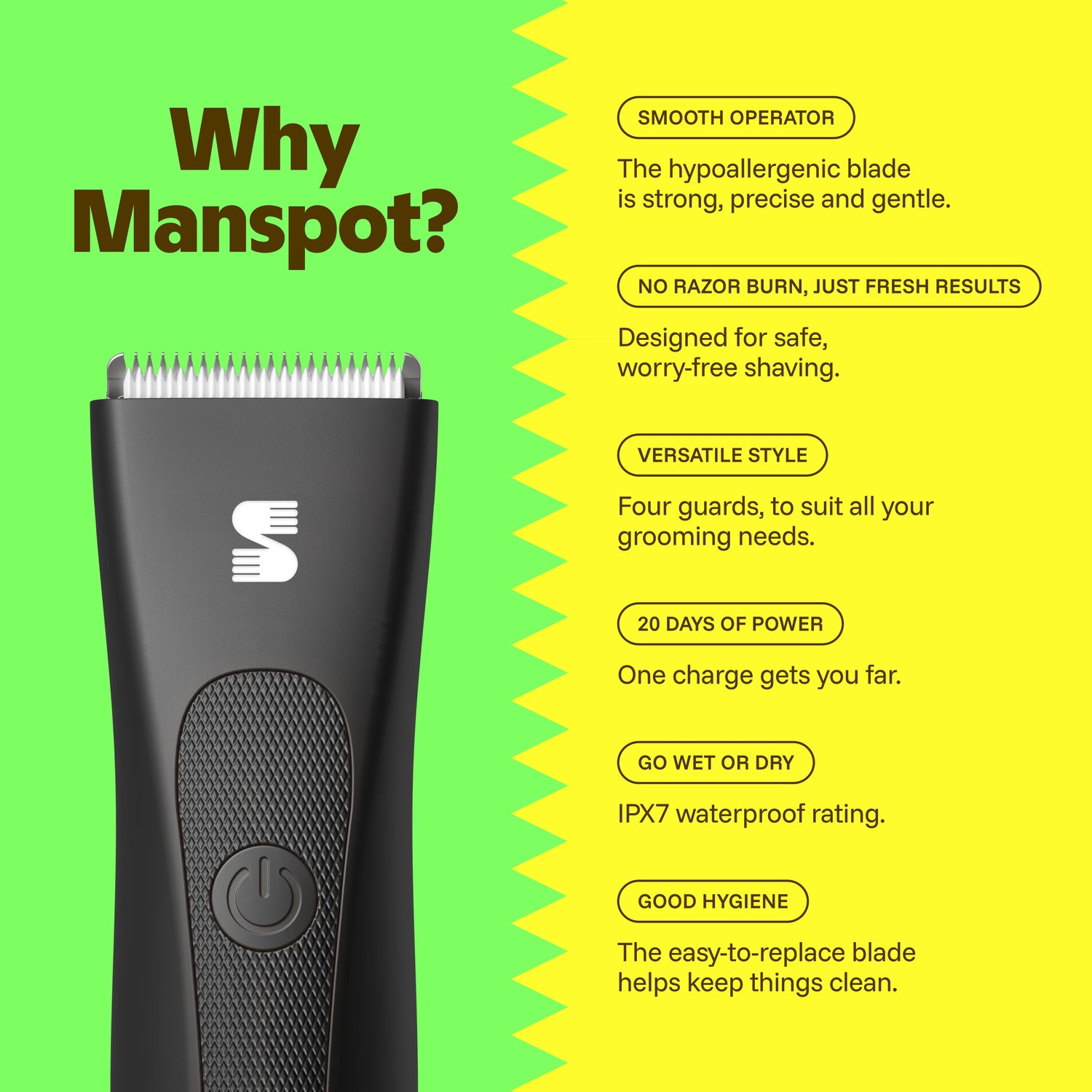 Manspot trimmer for men, Electric trimmer for body & public hair, waterproof wet/dry groin shaver, green