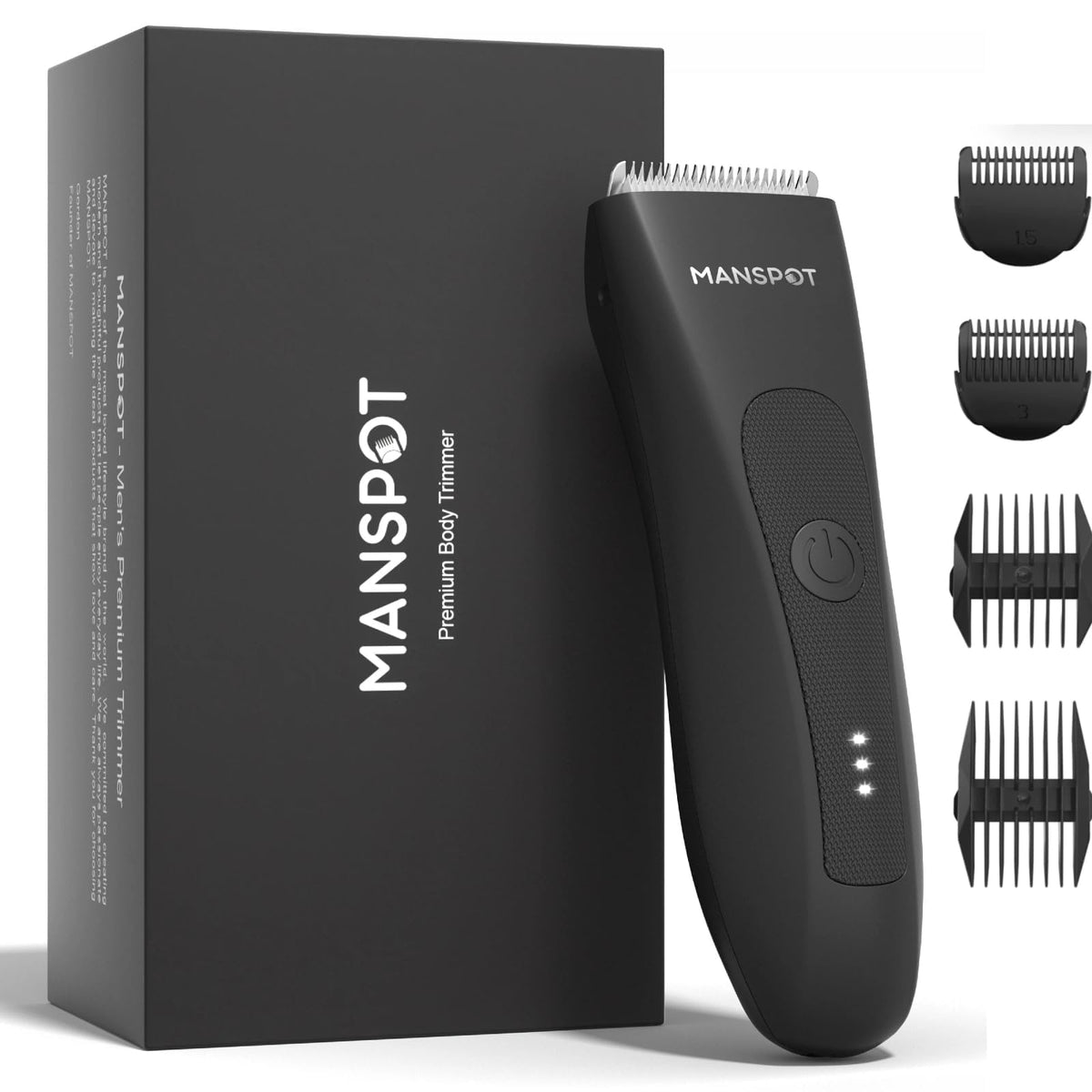 MANSPOT HC-W003A black body trimmer with packaging and guide combs front view 