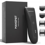 MANSPOT HC-W003A black body trimmer with packaging and guide combs front view 