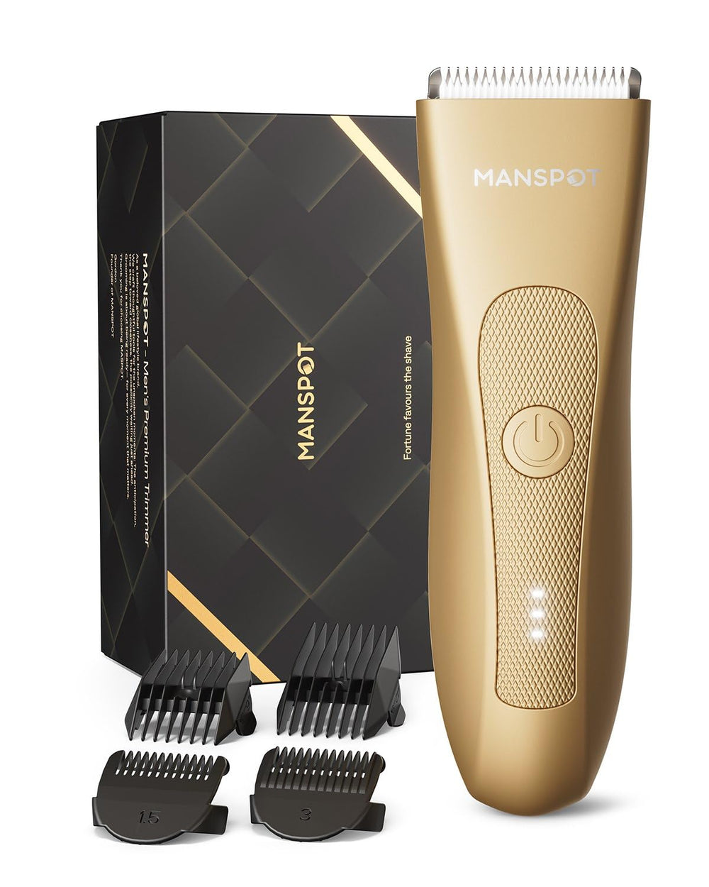 MANSPOT W003A Gold Deluxe trimmer front view with legacy packaging and guide combs [group:w003a_gold_deluxe_us_en] 