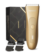 MANSPOT W003A Gold Deluxe trimmer front view with legacy packaging and guide combs [group:w003a_gold_deluxe_us_en] 