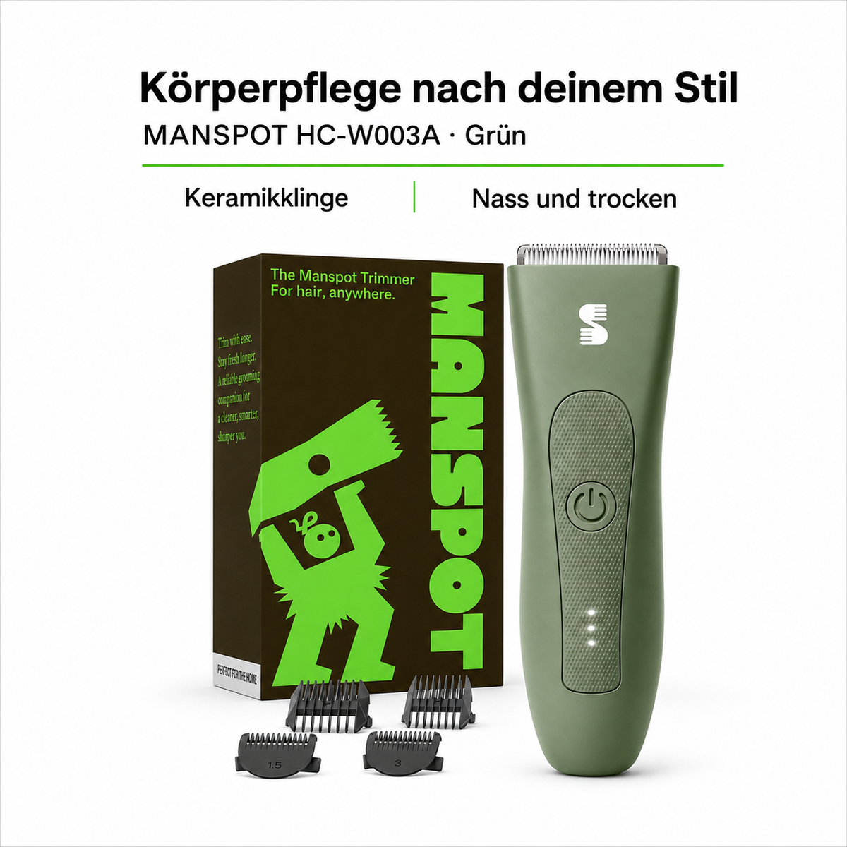MANSPOT HC-W003A in Grün mit Keramikklinge, vier Aufsätzen und aktueller Verpackung – deutsche Produktgrafik 