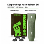 MANSPOT HC-W003A in Grün mit Keramikklinge, vier Aufsätzen und aktueller Verpackung – deutsche Produktgrafik 
