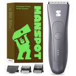 MANSPOT W003A Metallic Gray trimmer front view with current packaging and guide combs 