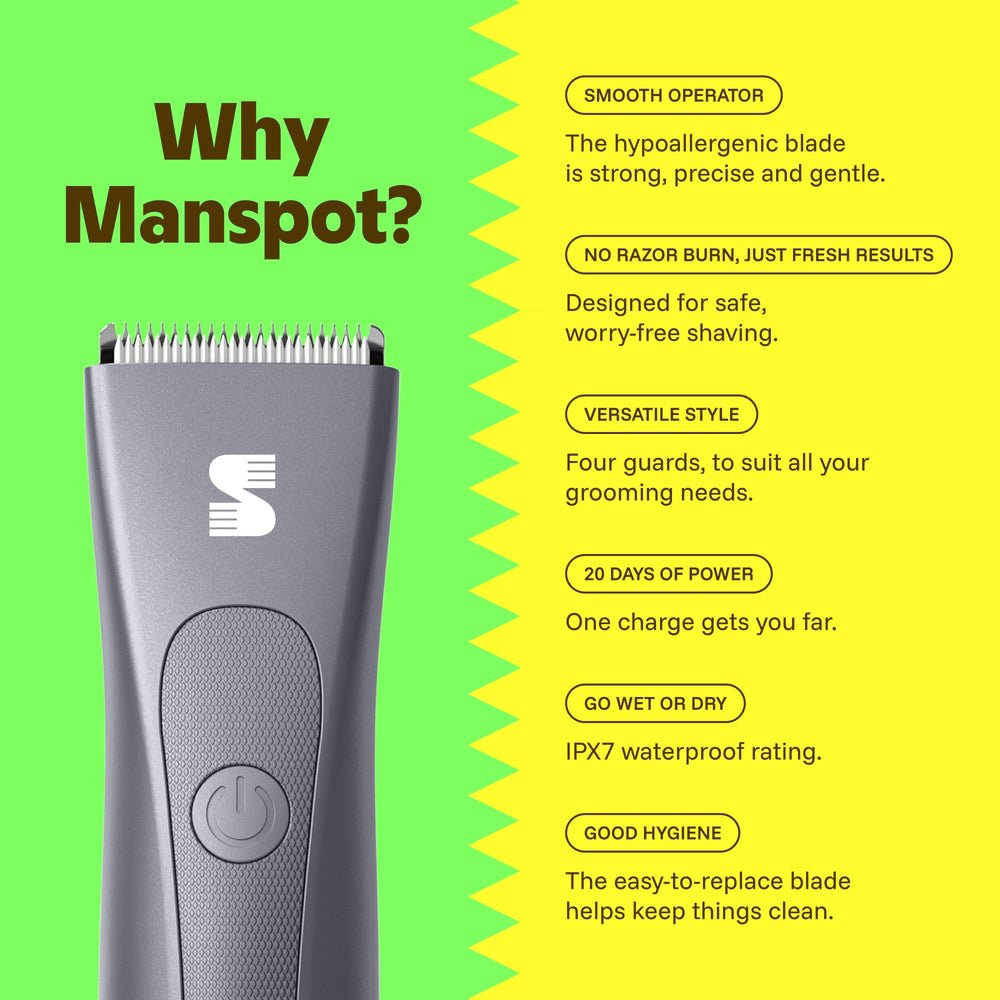MANSPOT W003A Metallic Gray trimmer feature graphic with battery and grooming details 