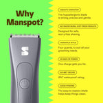 MANSPOT W003A Metallic Gray trimmer feature graphic with battery and grooming details [locale:en] 