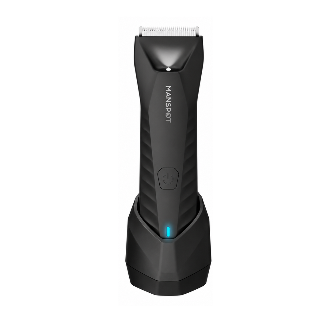 MANSPOT HC-W017 metallic black trimmer with charging dock clean front view