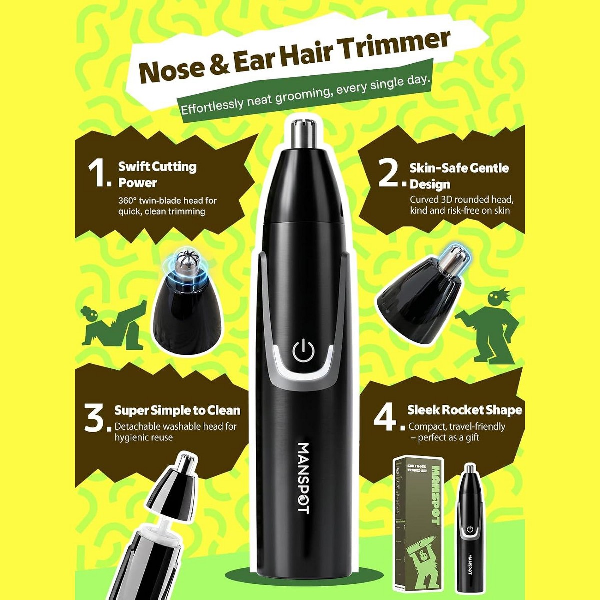 MANSPOT nose and ear hair trimmer with dual blades, rounded head, washable design and compact shape
