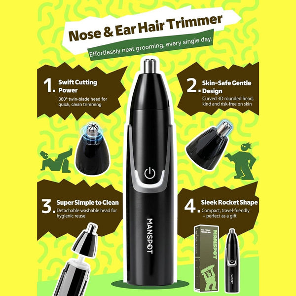 MANSPOT nose and ear hair trimmer with dual blades, rounded head, washable design and compact shape