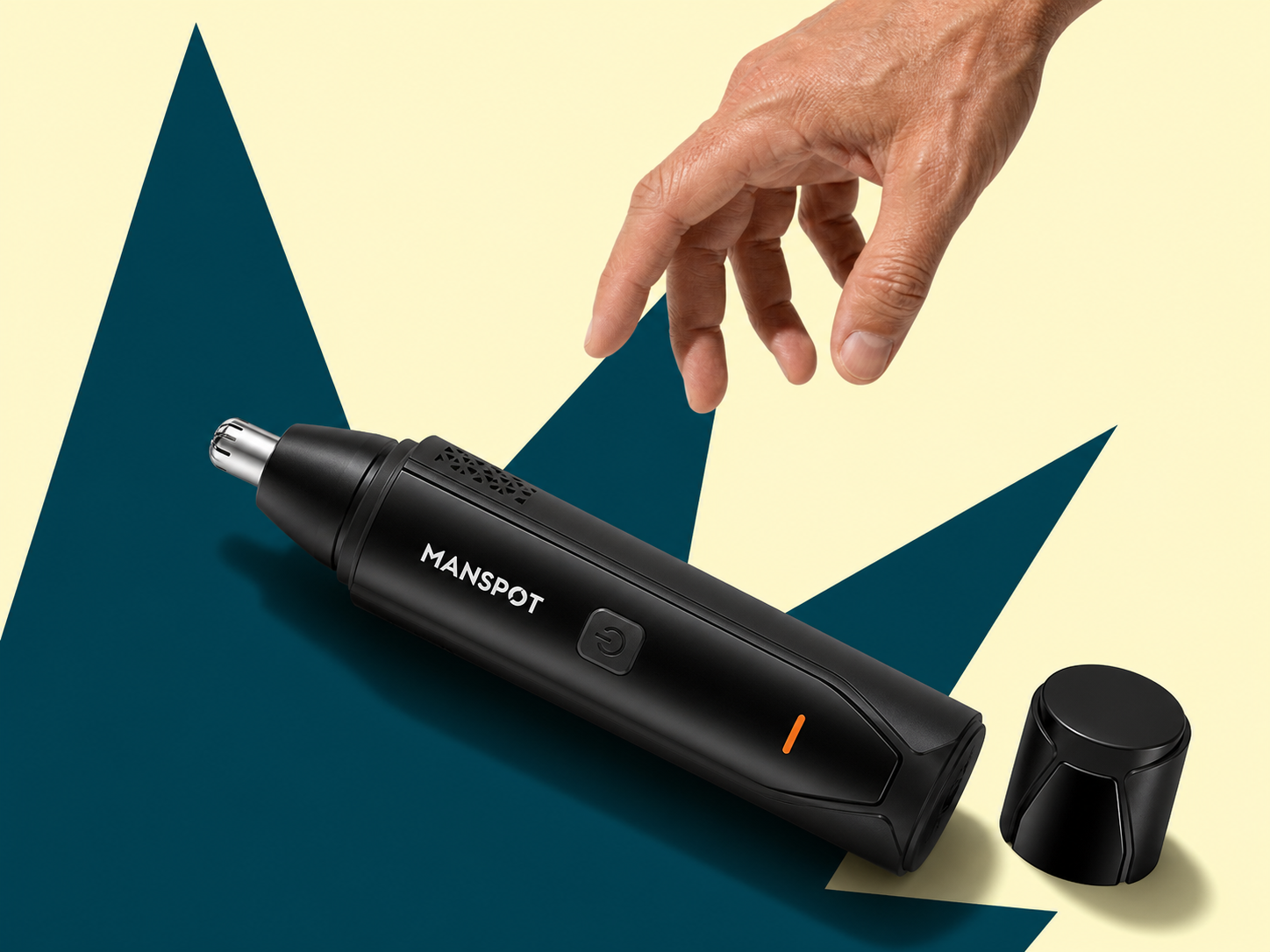 MANSPOT nose and ear hair trimmer hero with hand and geometric background