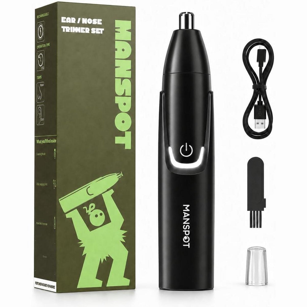 MANSPOT nose and ear trimmer set with box, USB-C cable, cleaning brush and protective cap