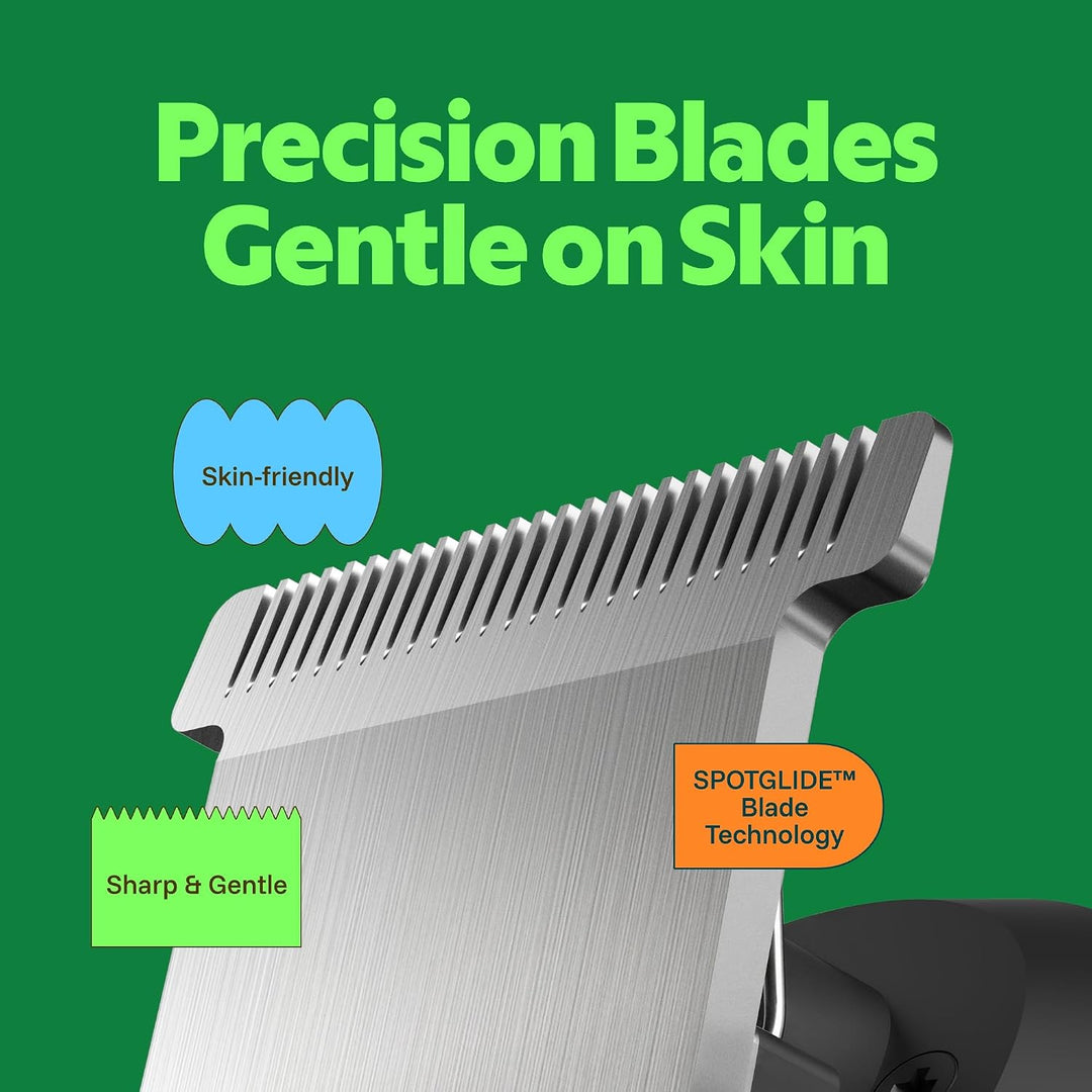 Close-up of MANSPOT skin-friendly precision trimmer blade with rounded cutting edges