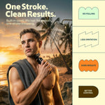 Man using MANSPOT electric trimmer for smooth one-stroke neck and body hair grooming