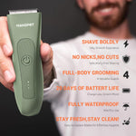 MANSPOT HC-W003A dark green body trimmer held in hand with product features 