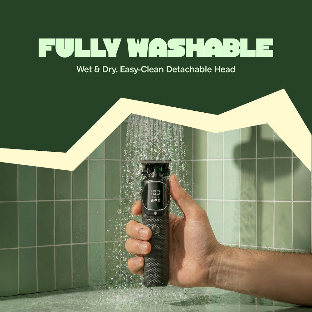 Waterproof MANSPOT wet and dry beard trimmer being rinsed clean under running water