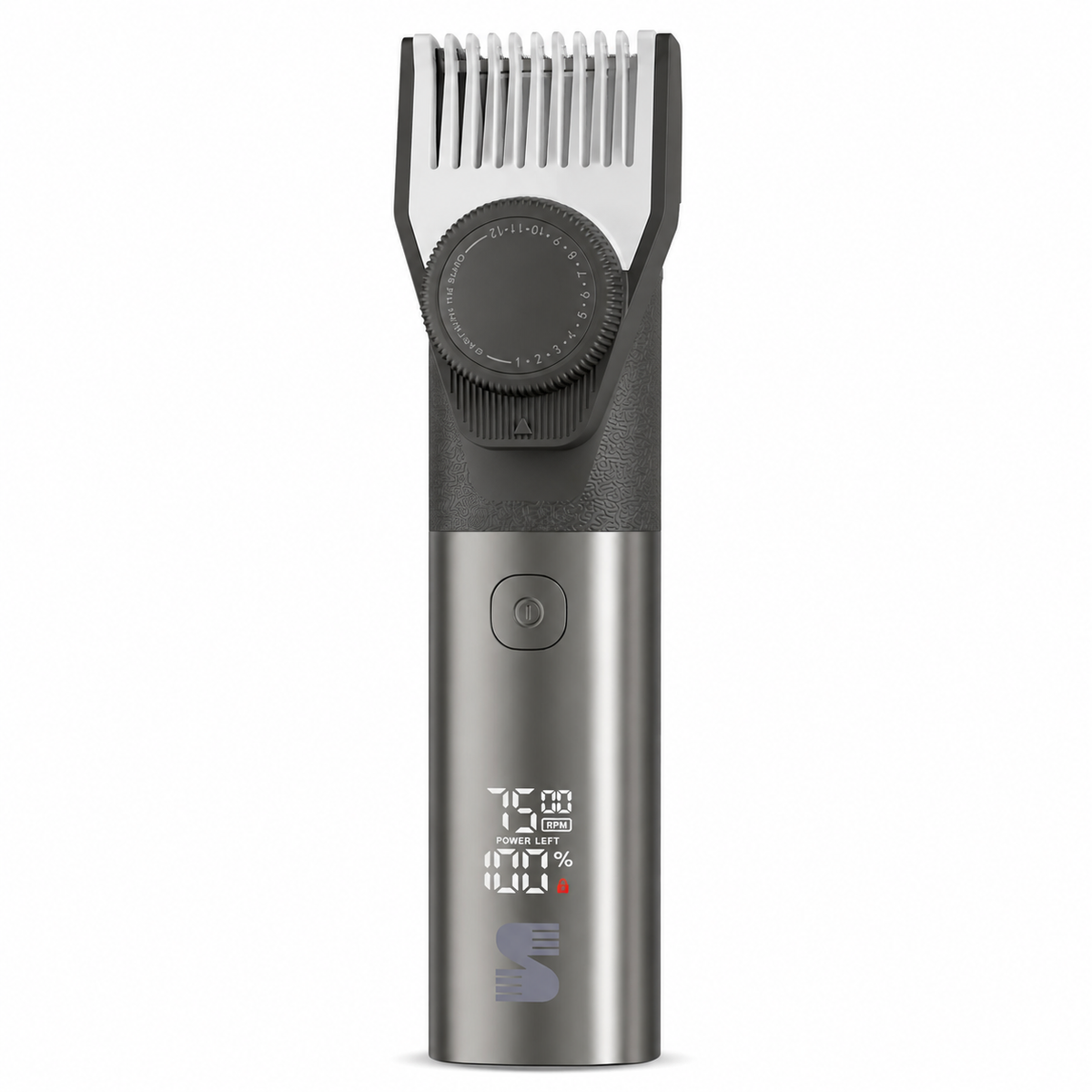 MS-2330 gray beard trimmer with attached adjustable comb front view 
