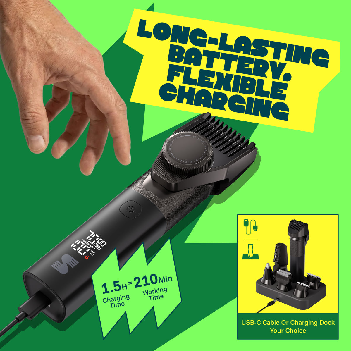MS-2330 black beard trimmer USB-C and charging dock battery feature 