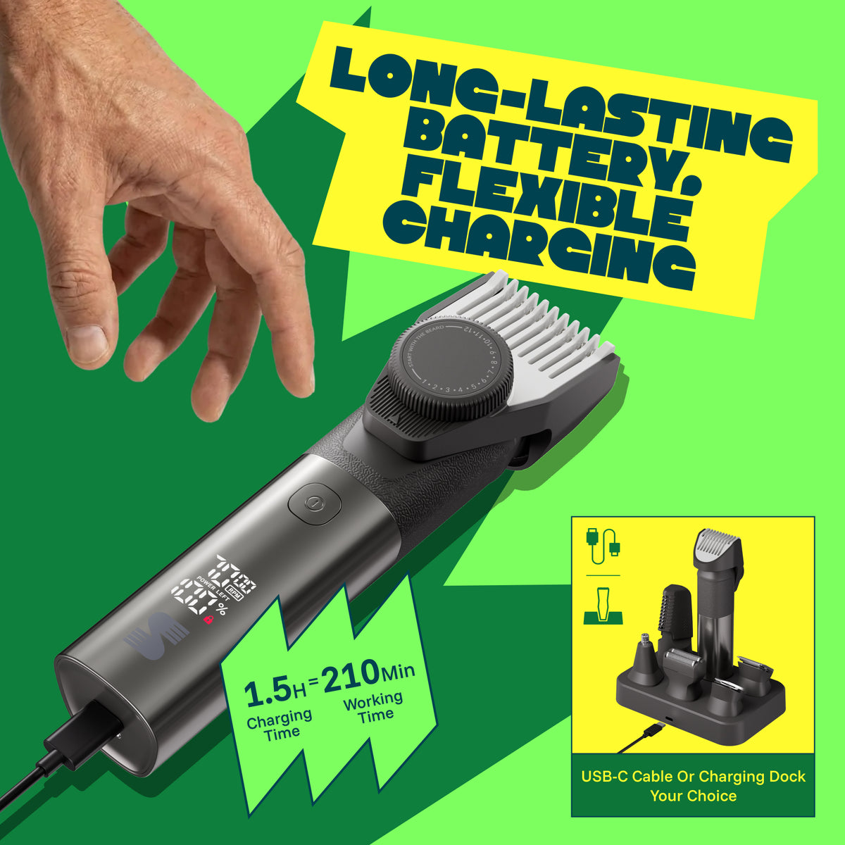 MS-2330 gray beard trimmer USB-C and charging dock battery feature 