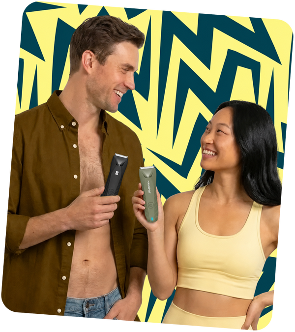 Couple holding black and green MANSPOT HC-W017 body trimmers