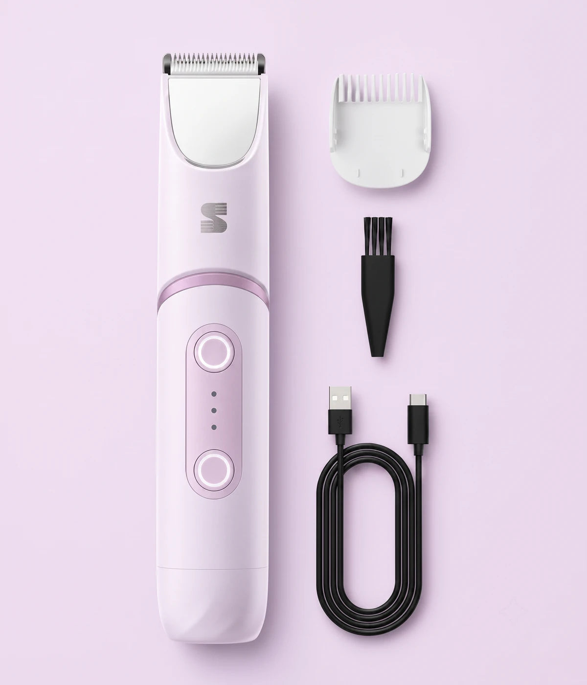 LADYSPOT SpinDuo pink electric bikini shaver with guide comb, cleaning brush and USB charging cable