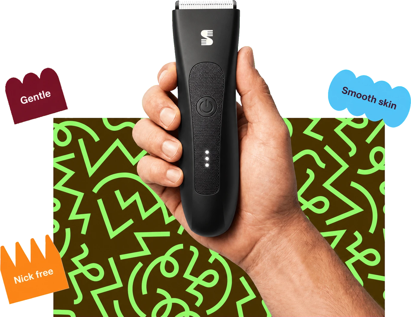 SPOTMATE body grooming trimmer held in hand with gentle smooth skin and nick-free graphics