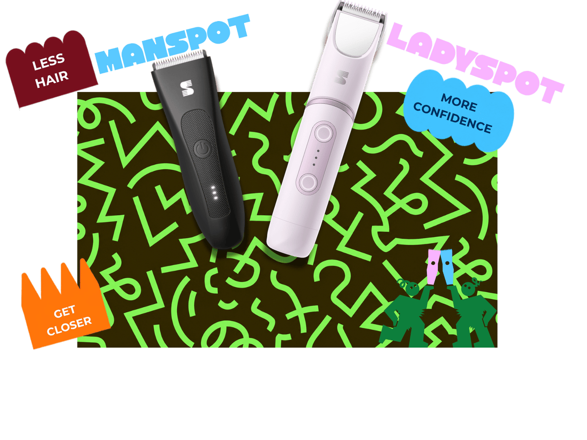 MANSPOT black and LADYSPOT lavender body trimmers with Less Hair, More Confidence and Get Closer stickers