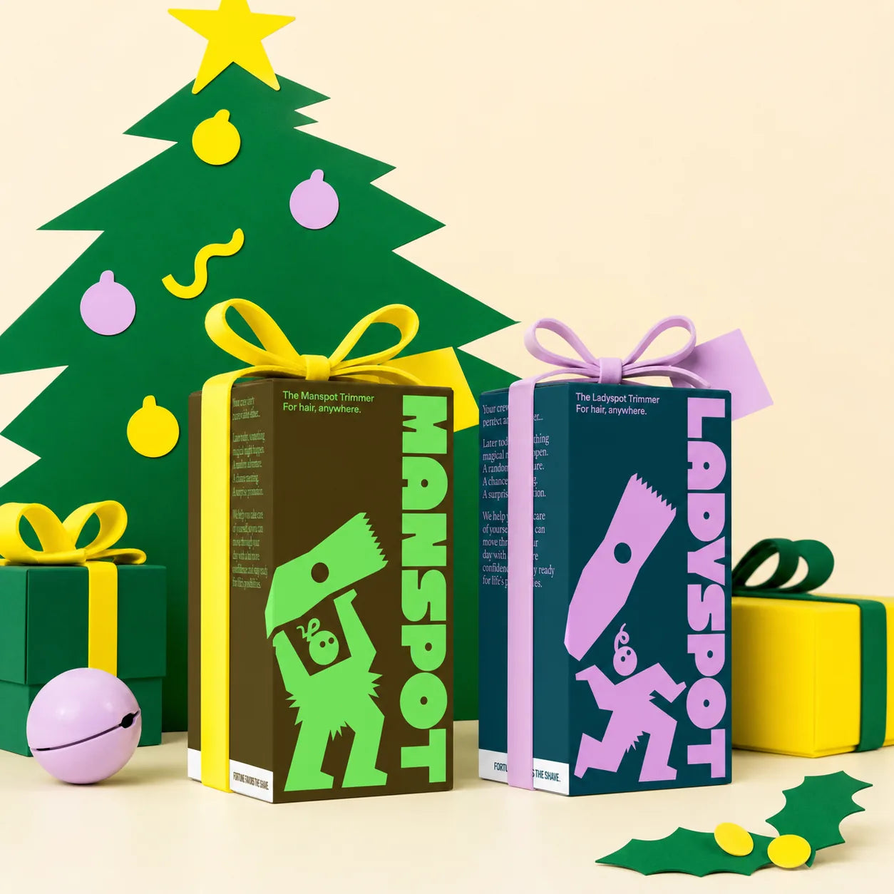 MANSPOT and LADYSPOT body trimmers under a Christmas tree gift scene