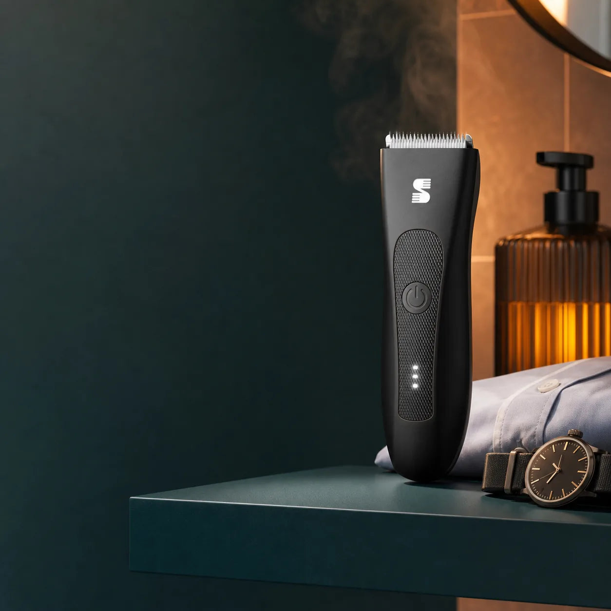 MANSPOT black body trimmer on a bathroom shelf before a date night, next to a watch and cologne #Black