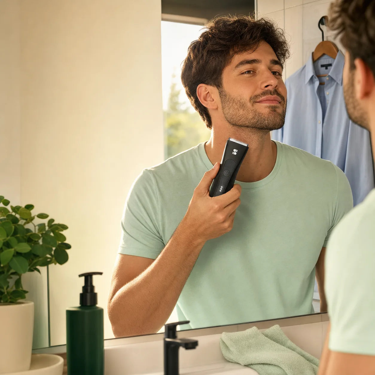 MANSPOT black body trimmer in a lifestyle date-night preparation scene #Black