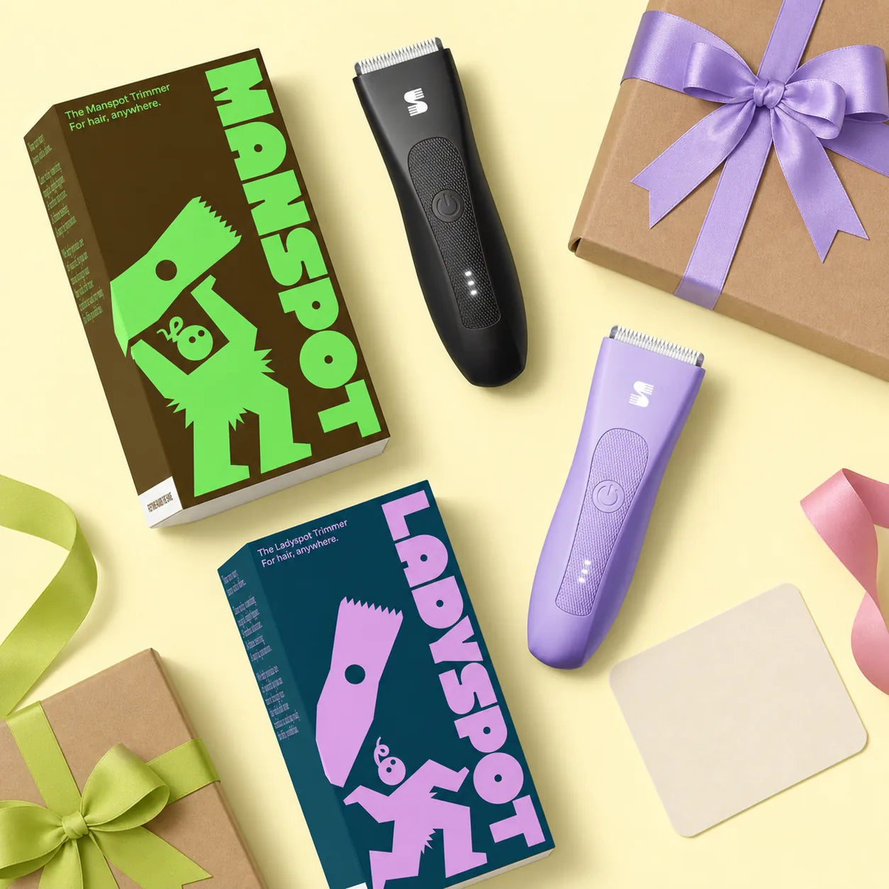 MANSPOT and LADYSPOT body trimmers in a gift guide flatlay scene