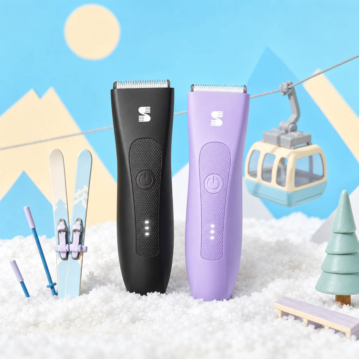 MANSPOT and LADYSPOT body trimmers in a winter travel diorama scene