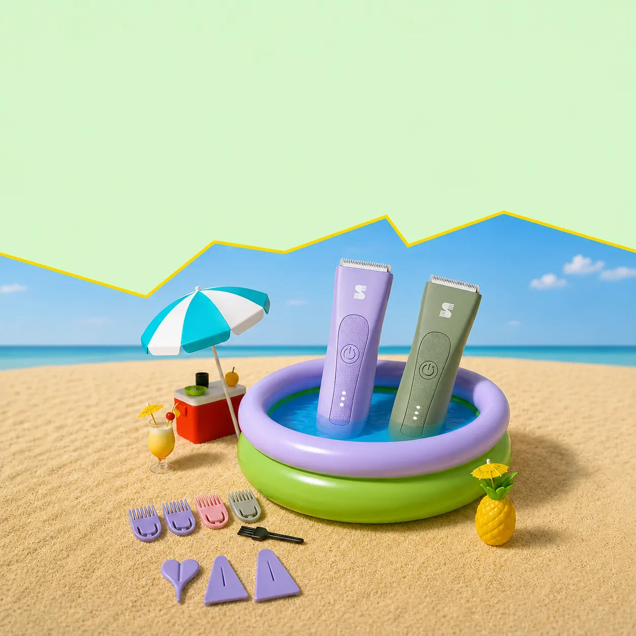 SPOTMATE MANSPOT and LADYSPOT waterproof body trimmers in a beach pool scene with grooming guards